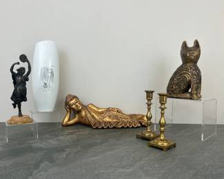 Lot 100 Vintage Rosenthal Porcelain Vase Reclining Gilt Buddha Cat Statuette Bronze Dancing Girl Statuette Brass Candlesticks