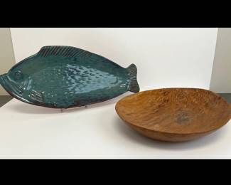 Lot 339 Vintage Thora Ovenware Ceramic Fish Platter Hand Carved Butternut Wooden Bowl by Fred G. Smith NC