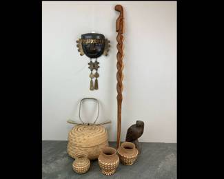 Lot 40 Hand Carved Walking Stick Horsehair Hat Band Woven Baskets Carved Wooden Bird of Prey Metal Mask