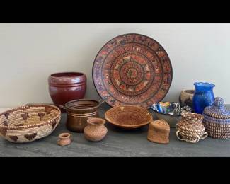 Lot 16 Peruvian Plate Fiber Baskets Handpainted Bowl Blue Glass Vase Ceramic Planter Copper Pot