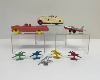 Lot 168 Vintage Schuco Examico 4001 Metal Wind Up Car Vintage Plastic Car Tootsietoy Toy Plane Small Diecast Racehorses