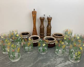 Lot 254 Vintage Wooden SaltPepper Grinders French Onion Soup Crocks NeimanMarcus Botanical Rocks Glasses