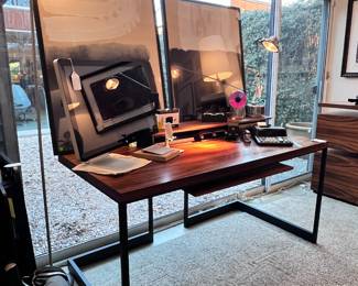 High End Skram Furniture Company of North Carolina ’Wishbone’ Slab Top Desk and Credenza- both in Santos Rosewood..