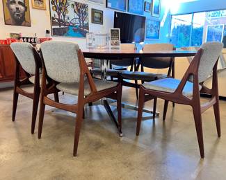 Florence Knoll Oval Dining Table/Office Desk (78”) Mahogany and Chrome Pedestal Base and Arne Vodder for Vamo Sonderbork ‘Ella’ Teak Dining Chairs made in Denmark (8pcs)..