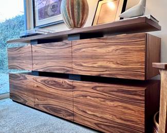 High End Skram Furniture Company of North Carolina ’Wishbone’ Slab Top Desk and Credenza- both in Santos Rosewood..