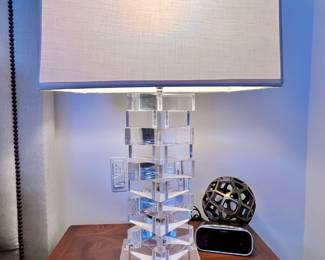 Vintage Mid Century Modern Triangular Lucite Stack Lamps with Custom Shades.