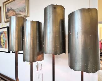Pair of RARE and Elegant Mid Century Modern Floor Lamps with pierced Metal Shades- completely rewired..