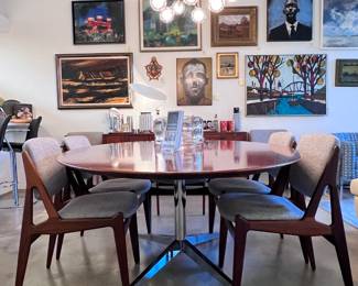 Florence Knoll Oval Dining Table/Office Desk (78”) Mahogany and Chrome Pedestal Base and Arne Vodder for Vamo Sonderbork ‘Ella’ Teak Dining Chairs made in Denmark (8pcs)..