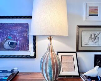 Retro Mid Century Mobler Style Lamp with Incised Multi Colored Decoration..