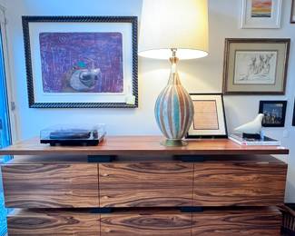 High End Skram Furniture Company of North Carolina ’Wishbone’ Slab Top Desk and Credenza- both in Santos Rosewood..