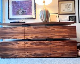 High End Skram Furniture Company of North Carolina ’Wishbone’ Slab Top Desk and Credenza- both in Santos Rosewood..