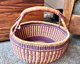 Large Handwoven African Bolga Basket With Leather Wrapped Handle..
