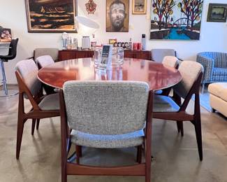 Florence Knoll Oval Dining Table/Office Desk (78”) Mahogany and Chrome Pedestal Base and Arne Vodder for Vamo Sonderbork ‘Ella’ Teak Dining Chairs made in Denmark (8pcs)..