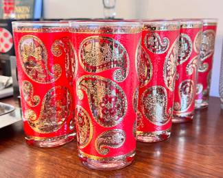 Vintage Mid Century Modern Culver 22K ‘Red Paisley’ Old Fashioned Glasses and Ice Bucket..
