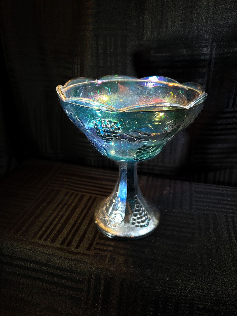 Indiana Blue Carnival Glass Iridescent Harvest Grape Compote