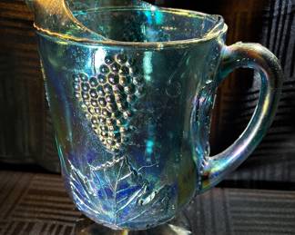Indiana Blue Carnival Glass Iridescent Harvest Grape Pitcher 