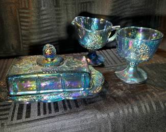 Vtg Indiana Blue Carnival Glass Iridescent Harvest Grape Sugar Bowl, Creamer and Butter Dish