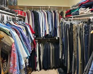 The men’s closet, boy is it full of new and nearly new clothing, shoes, boots, ties, sports coats and so much more. Designer labels.