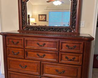 Oversized Wooden Bedroom Suite with California King Sized Bed, 2 Bedside Chests, Chest of Drawers with Mirror