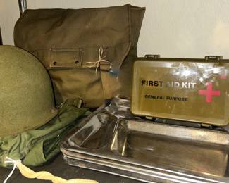 Vintage Militaria Including WWII Era Army Helmet, Gas Mask and Even Mess Hall Trays
