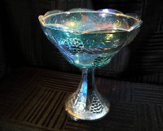 Indiana Blue Carnival Glass Iridescent Harvest Grape Compote