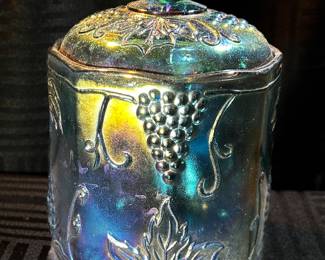 Vtg Indiana Blue Carnival Glass Iridescent Harvest Grape Canister