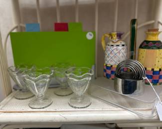 Vintage Cuisinart Set of Four Glass Tulip Ice Cream Dishes, 4", Shown with a FBERS Four Piece Cutting Board Set, a 5-Piece Stainless Steel Fluted Round Cookie Cutter Set and Whimsical Oil and Vinegar Set.