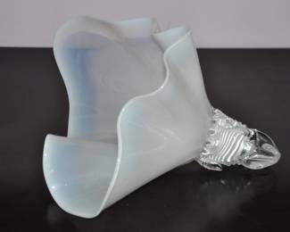 White Murano signed Art Glass Handkerchief with Twisted Stem