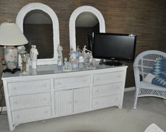 Lovely Henry Link for Lexington Dresser with Protective Glass Top, 70"W x 19"D x 30"H, With Two Pier 1 Mirrors, 24"W x 35"H and Matching 2-Drawer Side Table.