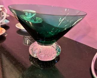 Wonderful Green Art Glass Bowl with Controlled Bubble Base, 4.5"H x 6"W