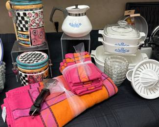 Part of the Wonderful Selection of Vintage Corning Ware "Corn Flower" Casserole Dishes Shown with M. Quimby Hand Painted Canisters and Vibrant Tablecloth and Napkin Set Available.