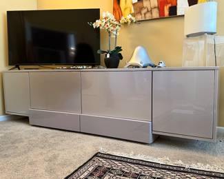 Stunning Roche Bobois "Lagon" with 4 Doors and 2 Drawers in a Wonderful Onyx (Pearl) Metallic Finish Credenza/Buffet  91"W x 23"D x 24.5"H, Shown With a 50" Vizio V505-G9  91"W x 23"D x 24.5"H