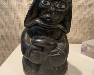 Abraham POV (Inuit/Canadian, 1927-1994) 9.5" Inuit Carved Soapstone Carving, "Man with Kudlik" Signed in Syllabics.