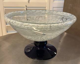 Another Great Centerpiece Studio Art Glass Footed Bowl, White and Cobalt Blue, 11"W x 7"H.