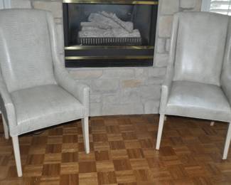 Fabulous Pair of Fairfield "Dora" Arm Chairs Upholstered in a Grey Embossed Leather, Made in USA. 44"h x 23.75"d x 22"w