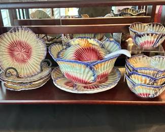 Vintage Mendes Caldas Portuguese Majolica Oyster Shellfish Plate Collection for Williams Sonoma Includes an 8 Piece Set of Soup/Salad Bowls and a Soup Tureen.
