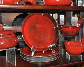 Additional  Ceramic  Ox Blood Red Glaze RARE Gerard Hofmann Set of Five  9.5" Plates, Another 6.5" Covered Casserole and Two 5" Soup Bowls with Handles!