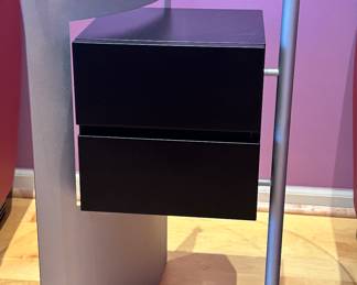 Spectacular Post Modern Leolux Two Wooden Drawer, Glass and Steel Side Table, Made in the Netherlands. 19" x 25.5"