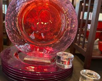 Gorgeous 13" Purple & Pink Art Glass Chargers Shown with Signed Orrefors Puck Style Candle Holders 2"H x 2.75"W