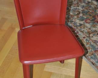 Front View of the Design Within Reach Italian Deep Red Leather Chairs by Frag 31" H x 15.5" W x 16" D.
