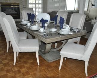 Fabulous Lower Level Dining Area Complete with a Century Furniture Co. Grey Toned "Omni" Rectangle Pedestal Dining Table with 6 Ivory Fairfield Dora Dining Chairs, 78"L x 46W x 30.25"H Includes Two 22" Leaves!
