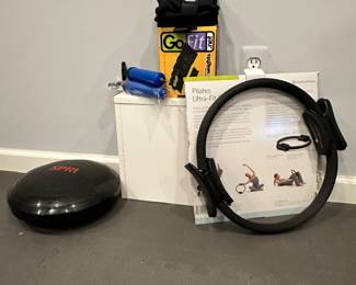 Great Workout Accessories Including a SPRI Balance Ball, Pilates Ultra Fit Circle by Balanced Body and Go Fit Leg Weights.