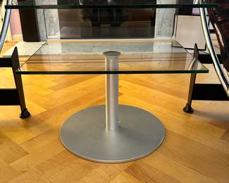 Sleek and Modern Two-Tier Glass Table with Aluminum Metal Base, 22.5" W x 15.5"D x 19.74"H