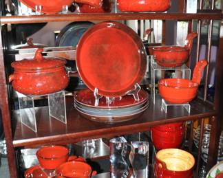 Outstanding Collection of Very Rare Mid Century Ceramic Dinnerware by Artist Gérard Hofmann. French (1917-1965) in Remarkable Ox Blood Red Glaze!