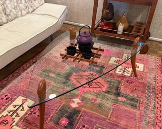 Contemporary 3-Legged Abstract Glass and Wood Coffee Table, 51"W x 17"H x 33"D