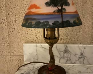 Original Table Lamp With Reverse Painted Glass Shade, circa 1920-1930's, 13".