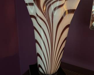 Stunning Ruffled Art Glass Vase in Cream and Brown, 14". 
