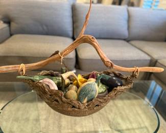 Hand Crafted Stoneware Basket Shown Signed by Artist, with Ceramic Fruit, 30"L x 21"H x 10"W
