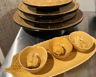 Wonderful Bibol Tchon Spun Bamboo Nesting Bowls with Black Lacquer Rim Shown with Vintage Kotobuki Japan Ceramic Leaf and Saucers Set 