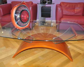 Fantastic Glass Top with Wooden Base Cocktail Table, 31"W x 49" x 16.5"H